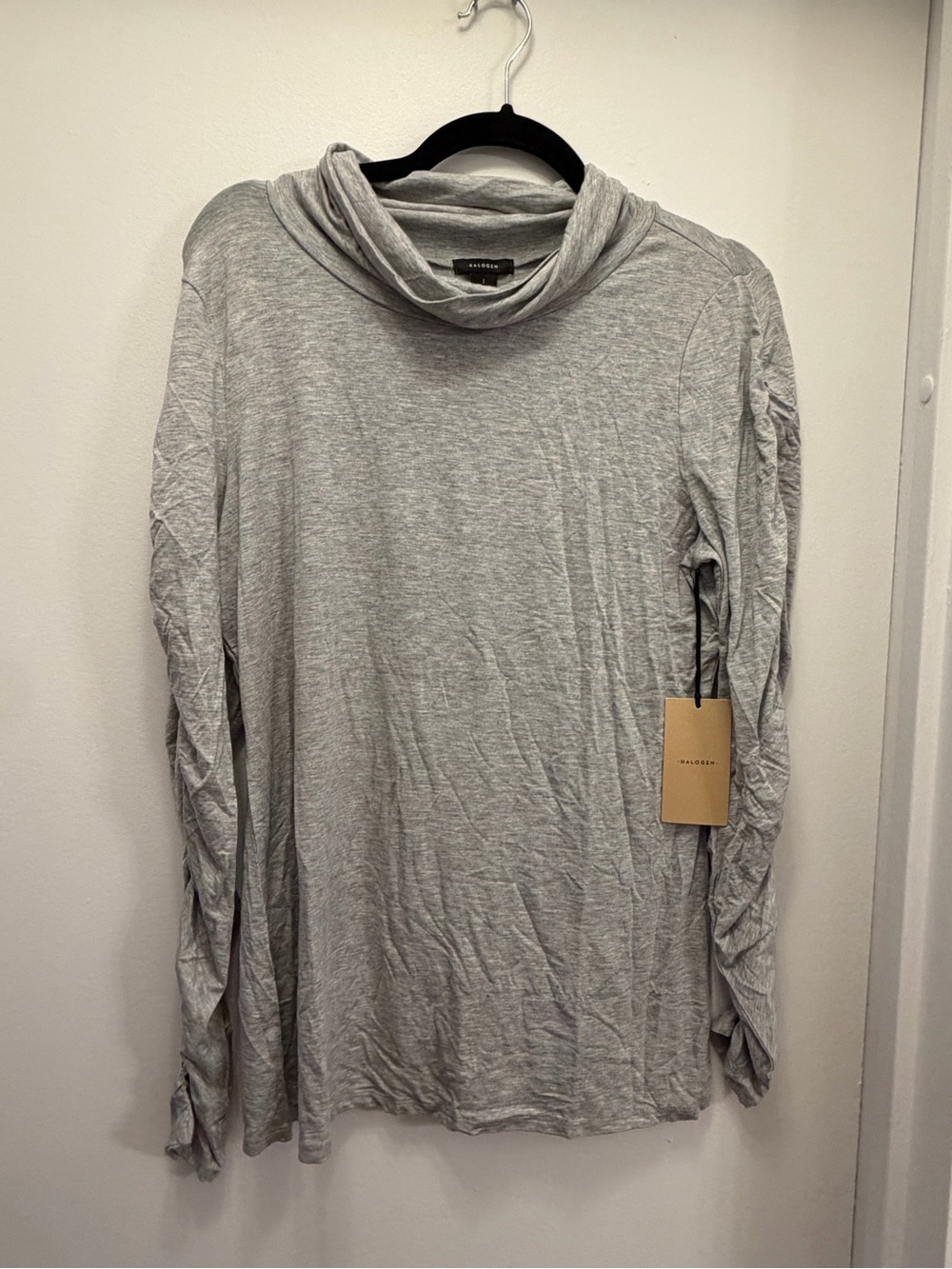 Halogen Light Gray Draped Cowl Neck Long Sleeve Lightweight Top